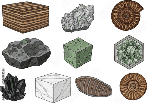 Minerals and rocks illustration set, geological stone collection with crystals fossil marble cube vector, natural earth materials design bundle