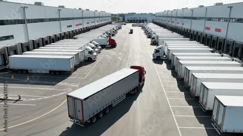 Trucks park and unload at a large distribution center in the daytime near a busy warehouse area