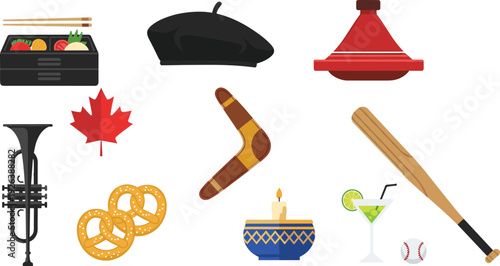 Cultural symbols illustration set, international traditional icons collection, food music fashion sports objects vector, global heritage design bundle