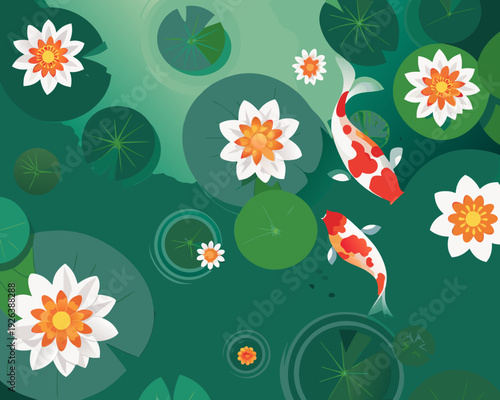 A serene pond scene featuring koi fish and blooming water lilies