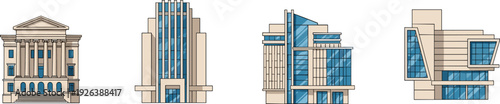 Modern architecture buildings illustration set, classic and contemporary city structures collection, urban office facades vector, commercial property design bundle