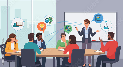 Business Team Meeting with Whiteboard Presentation.