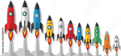 Cartoon rocket launch set, colorful space rockets collection, futuristic spaceship illustration, startup growth concept, science exploration vector design bundle