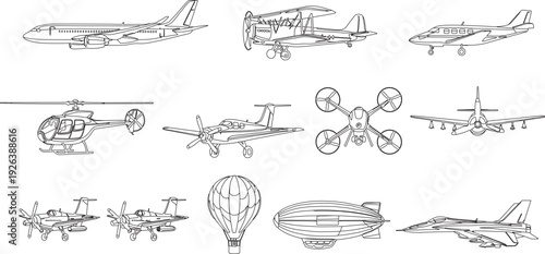 Aircraft and aviation illustration set featuring airplanes, helicopter, drone, airship, hot air balloon and military jet line art
