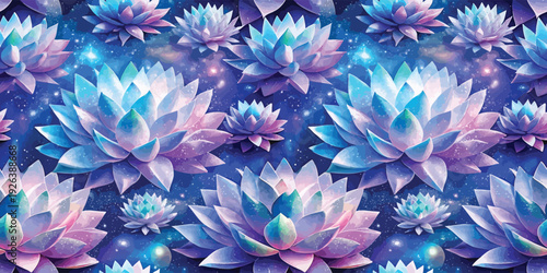 A mesmerizing array of glowing water lilies floating in an ethereal cosmic night Vector