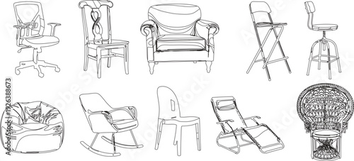 Chair collection illustration set featuring office, lounge, folding, rocking, plastic, beanbag and classic seating furniture isolated line art