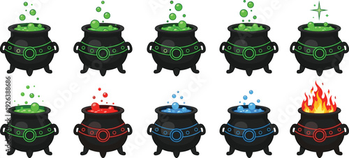Magic cauldron potion collection, fantasy witch brewing pot illustration set bubbling spell elixir icons mystical alchemy cartoon design elements