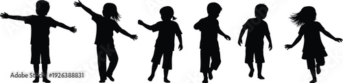 Children silhouette collection, kids playing dancing running happy child figures black shadow illustration set isolated childhood activity playful design