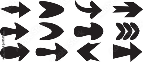 Black arrow icon collection vector set with bold solid silhouettes, curved and straight directional symbols