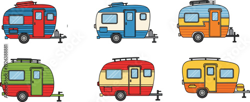 Retro camper trailer collection, vintage caravan vehicles colorful travel camper vans illustration set road trip transport leisure tourism design