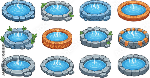 Hot spring stone pool collection, cartoon thermal spa water pools natural bath illustration set outdoor relaxation wellness design elements