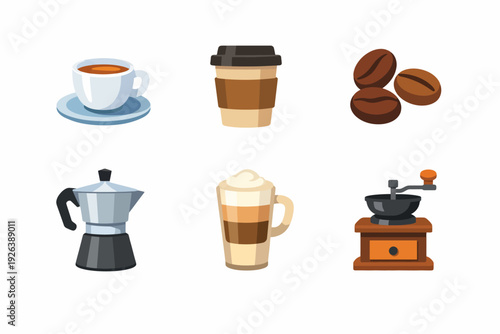 Coffee essentials: cup, beans, mug, espresso maker, latte, grinder icons set