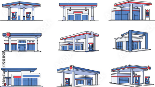 Modern gas station set fuel service buildings petrol pump architecture collection, urban energy refueling infrastructure commercial transport industry illustration bundle