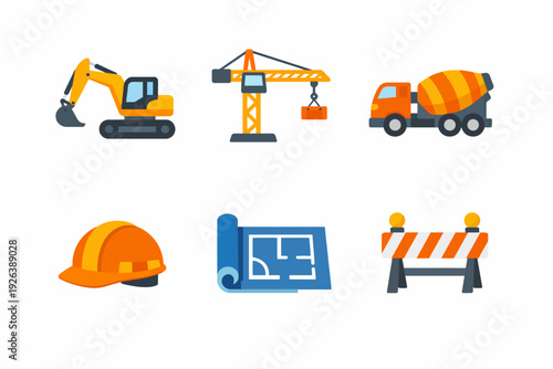 Construction equipment and tools icons: excavator, crane, cement truck, hard hat, blueprint, barrier