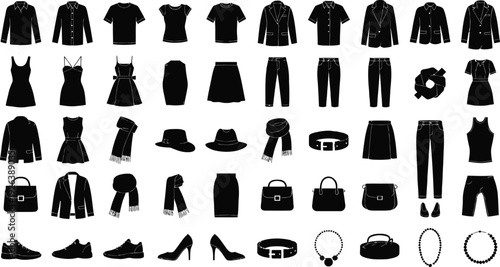 Fashion icon set, 40 icons. Includes clothing, accessories, shoes, bags, jewelry. Created in black silhouette style with white background.