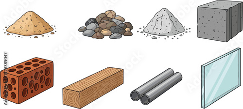 Construction building materials collection, sand gravel cement concrete brick wood steel glass blocks isolated illustration set for architecture design industry
