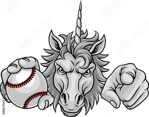 Unicorn horse mustang bronco stallion baseball softball angry sports team mascot holding a ball.