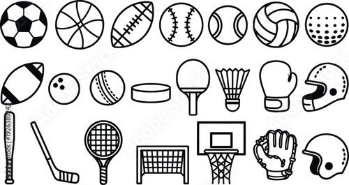 Sports icon set, includes soccer ball, basketball, football, baseball, tennis ball, golf ball, rugby ball, volleyball, cricket ball, boxing glove, hockey stick, tennis racket, badminton racket
