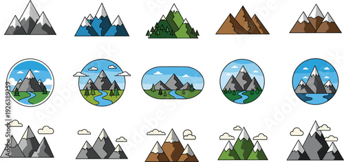 Mountain landscape illustration set, nature peak collection, scenic outdoor environment icons, alpine travel destination symbols, wilderness adventure landscape design elements