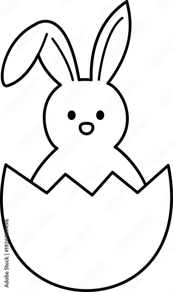 Obraz premium Easter Bunny Hatching from Egg Outline Vector Illustration. Cute Rabbit in Cracked Eggshell Coloring Page Template. Simple Black Line Easter Bunny Egg Icon Isolated. Transparent background. svg.