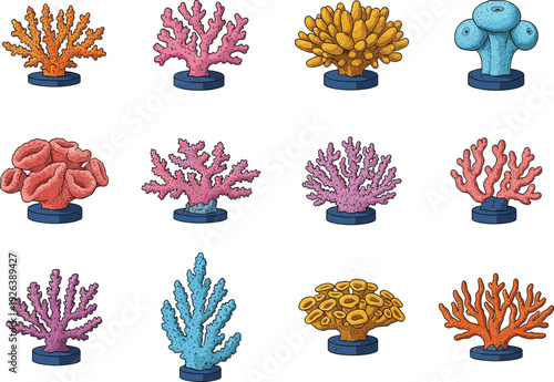 Coral reef illustration set, colorful marine coral collection, underwater ocean flora elements, aquatic ecosystem design, tropical sea life decorative icons