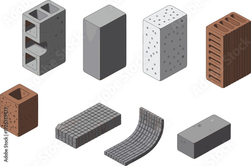 Construction brick block illustration set, building material collection, concrete masonry elements, industrial architecture components, modern construction supplies, structural design concept