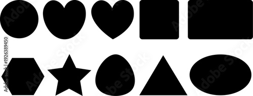 Black geometric shape silhouette set vector collection, circle heart square rectangle hexagon star triangle oval icons