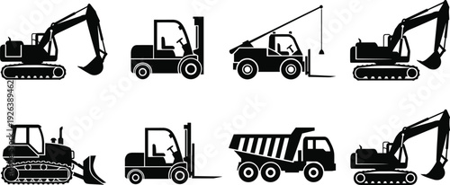 Heavy Construction Machinery Silhouette Set, Excavator Forklift Dump Truck Vector Collection, Industrial Vehicle Crawler Graphics, Building Site Equipment Illustration Pack