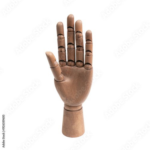 a wooden hand making a five-finger gesture
