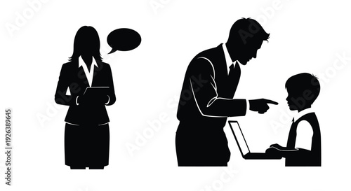 Silhouette illustration of a family discussing a child s computer use