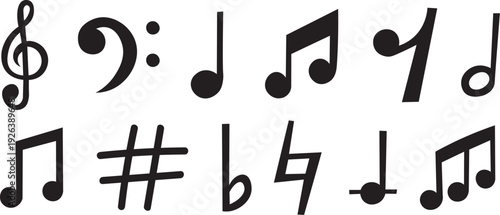 Black music symbols set, treble clef, musical notes and notation icons collection