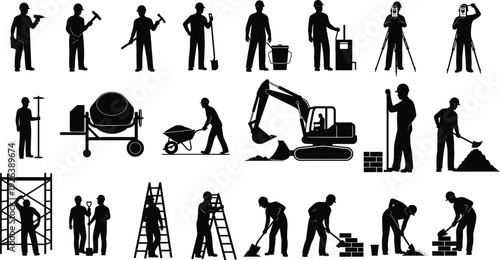 Construction Worker Silhouette Set, Building Site Laborer Vector Collection, Industrial Contractor Poses, Heavy Machinery Operator Tools, Civil Engineering Project Illustration Pack