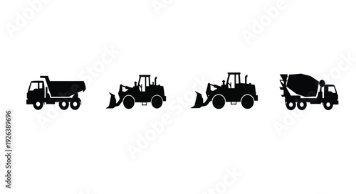 four black silhouettes of construction tractors facing opposite directions