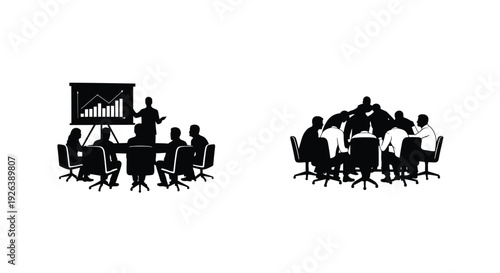 Silhouettes depicting business meetings presentations and collaborative work environments