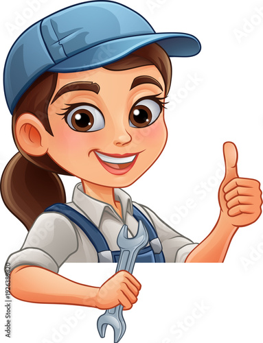 A woman female mechanic, plumber technician or engineer cartoon character mascot holding a wrench or spanner.