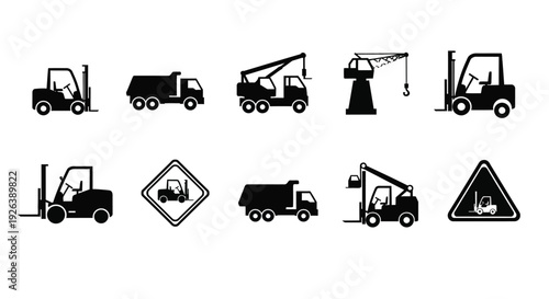Collection of black silhouette icons depicting various construction vehicles