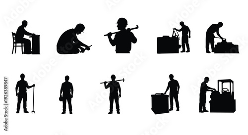 Construction workers and equipment silhouettes against a white background