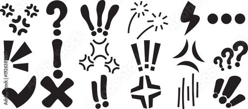 Abstract exclamation marks question marks check marks crosses lightning bolts and decorative symbols collection