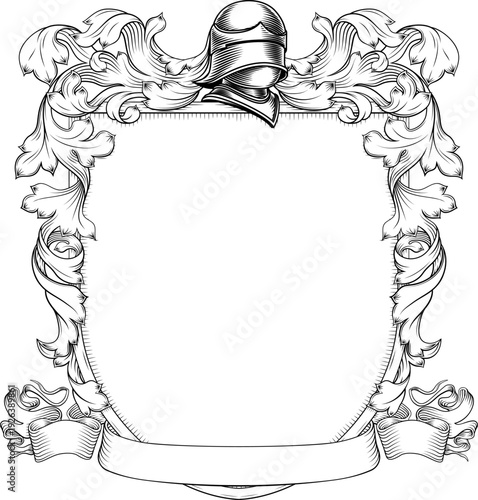 A coat of arms or crest family heraldry medieval heraldic knight shield with helmet and acanthus filigree scroll ornament in a vintage woodcut style.