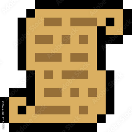 Pixel art paper scroll icon in retro 8 bit style. Classic RPG parchment document resource for quests, magic spells and crafting systems. Arcade game asset for UI and fantasy mobile game design.