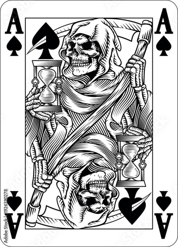 An ace of spades playing card design featuring the grim reaper or death in a vintage retro woodcut style