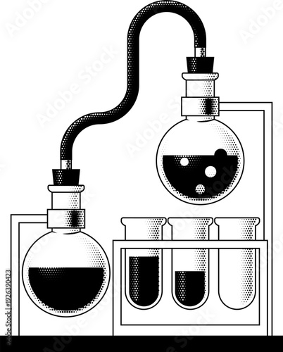 Test tubes and flask beakers with chemicals retro vintage halftone style science chemistry experiment icon illustration