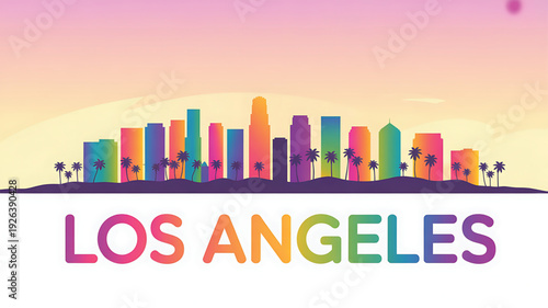 Vibrant Los Angeles cityscape with colorful buildings and palm trees