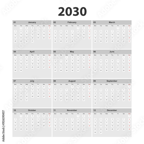 Minimal modern 2030 calendar template with clean grid layout. Monthly planner set starting on Monday.