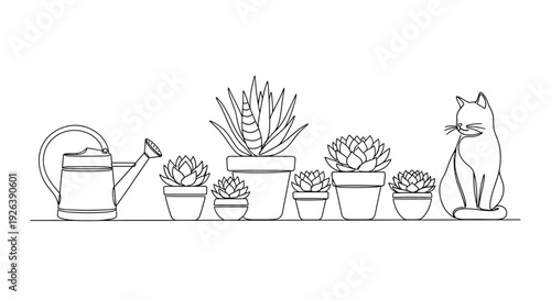 Cute Cat Sitting Beside Potted Succulent Plants and Watering Can, Minimalist Art