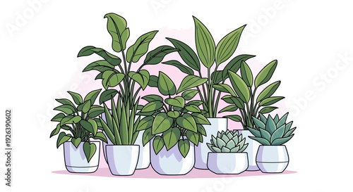 Diverse Collection of Lush Green Potted Houseplants in a Stylized Illustration