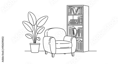Cozy Armchair Beside Bookshelf and Houseplant in Minimalist Art Style