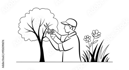 Gardener Pruning Tree with Flowers and Grass in a Simple Art Illustration