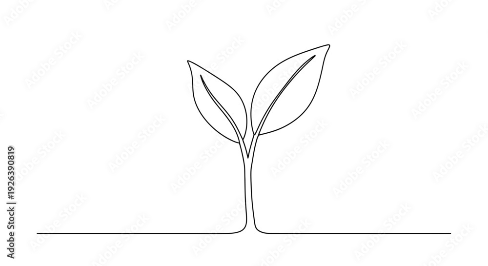 Obraz premium Minimalist Continuous Drawing of a Sprouting Plant with Two Leaves on White Background