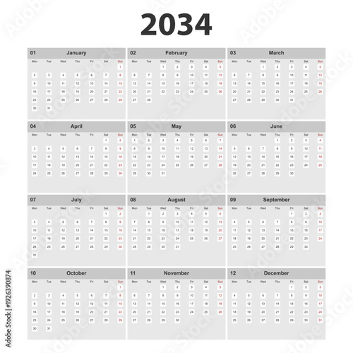 Minimal modern 2034 calendar template with clean grid layout. Monthly planner set starting on Monday.